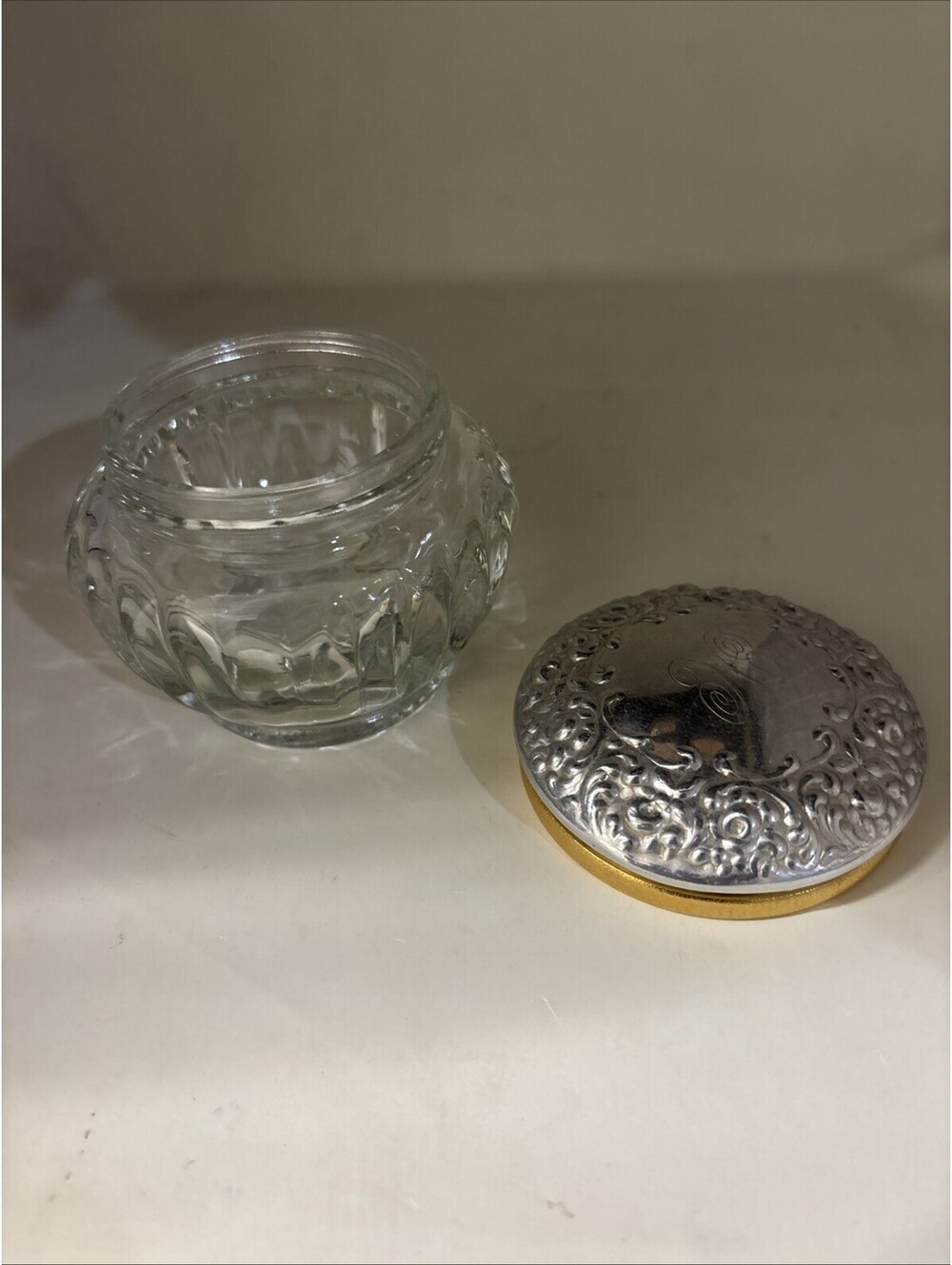 Vintage 1940's French Houbigant Stamped Glass "H" Vanity Jar, Silver plated Lid